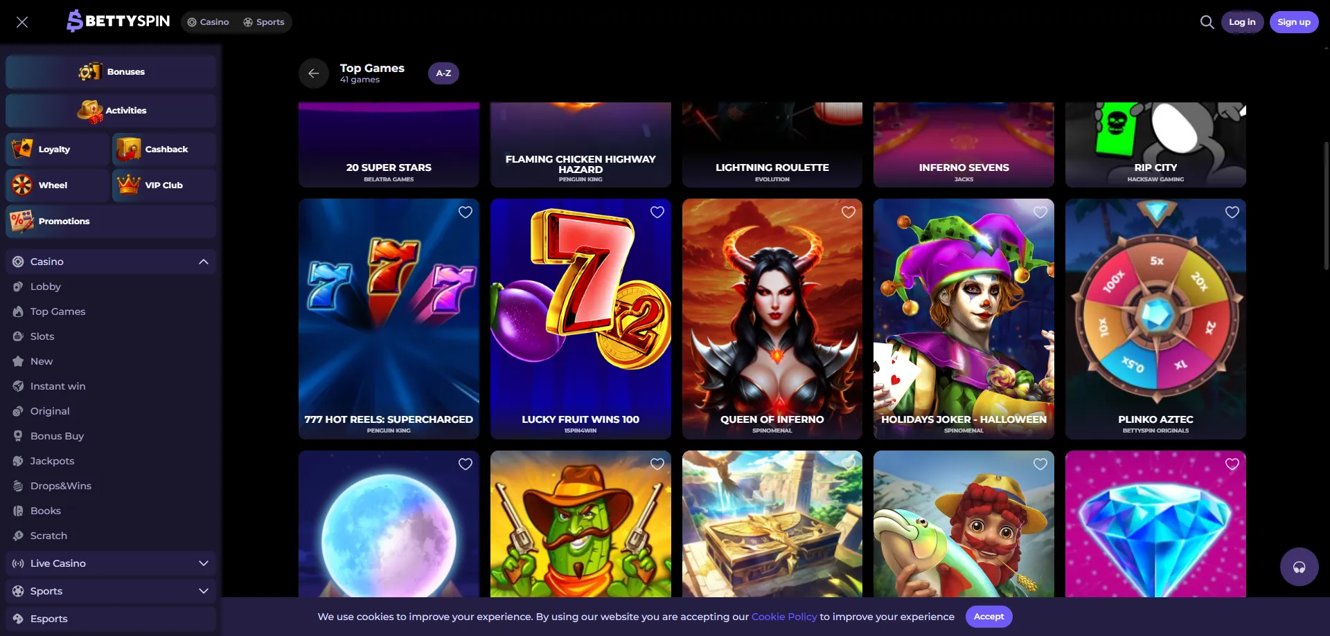 Selezione di oltre 6000 slot e giochi su Betty Spin Casino